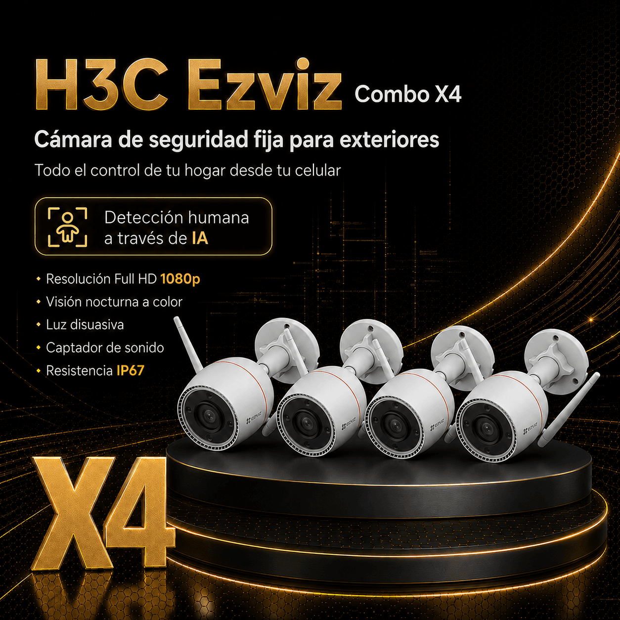 H3C 2MP Color - Combo x4 - Cámara WiFi Exterior Fija | Oferta limitada UPGRADE⭐