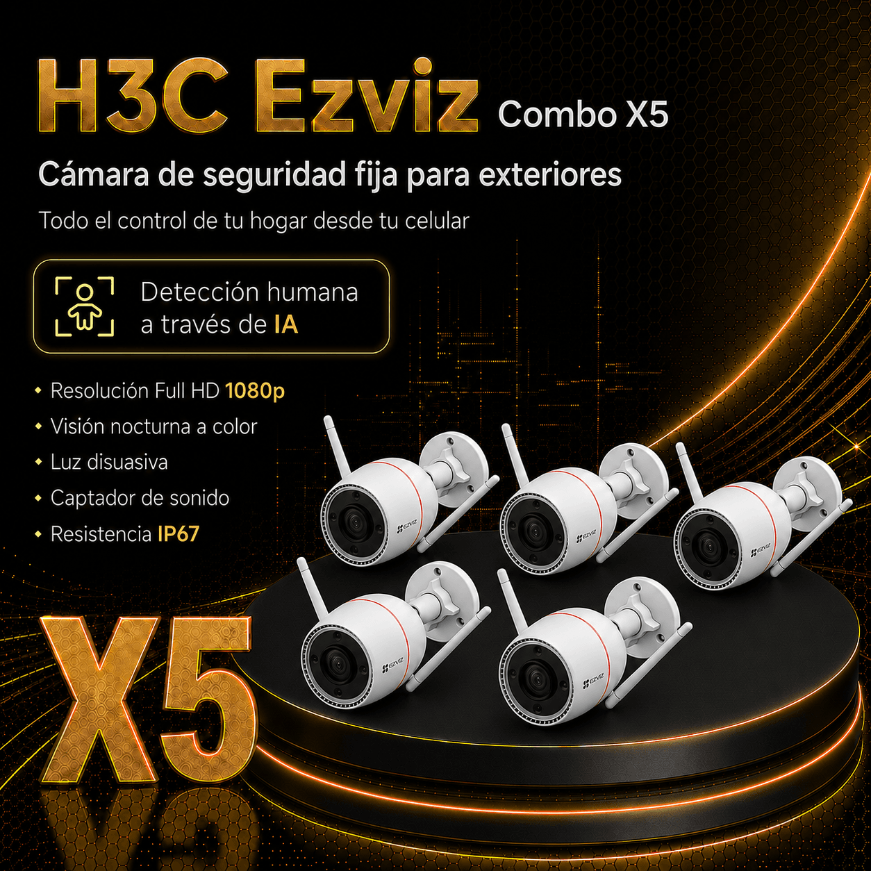 H3C 2MP Color - Combo x5 - Cámara WiFi Exterior Fija | Oferta limitada UPGRADE⭐