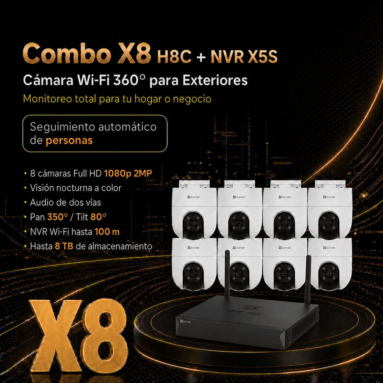 Combo x8 H8C 1080p + NVR X5S 8CH - Cámara Wifi exterior 360º + NVR grabadora | Oferta limitada UPGRADE⭐